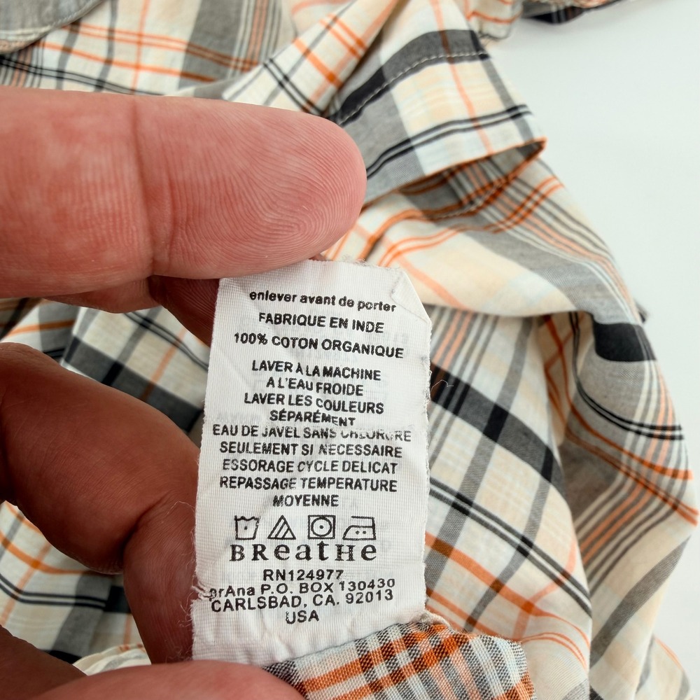 Prana Plaid Short Sleeve Pearl Snap Shirt Organic Cotton Western Large Orange - Picture 7 of 7